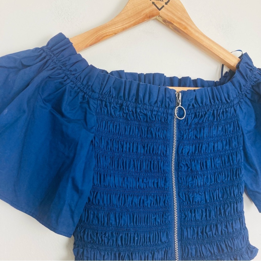 Parker new with tags navy blue ruched crop top with puff sleeves and zipper. XS - Picture 3 of 7